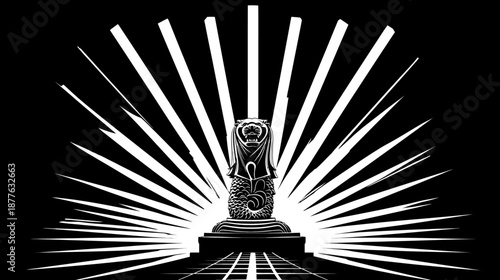 A stylized, monochromatic illustration featuring a mythical creature against a backdrop of radiating lines