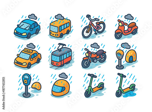 Rainy Transportation Icons. Rainy transportation. Colorful isometric vector icons set of rainy transportation: car with wet windshield, bus in rain, bicycle