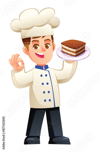 Happy boy chef showing ok sign and holding a plate of tiramisu cake. Vector cartoon character illustration