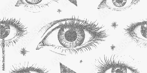 Background with eyes in abstract arrangement, grainy texture and dusty surface, speckled ink outlines and faded paper with stipple effect.