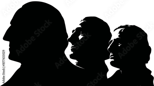 A silhouette artwork featuring three human faces with expressive features against a stark white backdrop