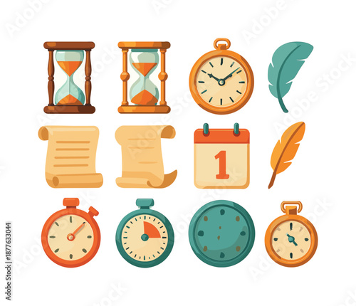 Vintage Time Icons. Vintage time. Colorful flat vector icons set of Vintage time: antique hourglass, brass frame hourglass, old clock, parchment scroll, quill