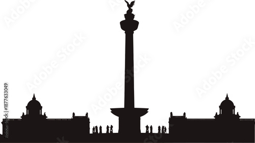 Black silhouette of a monumental column with a statue, flanked by buildings with domes