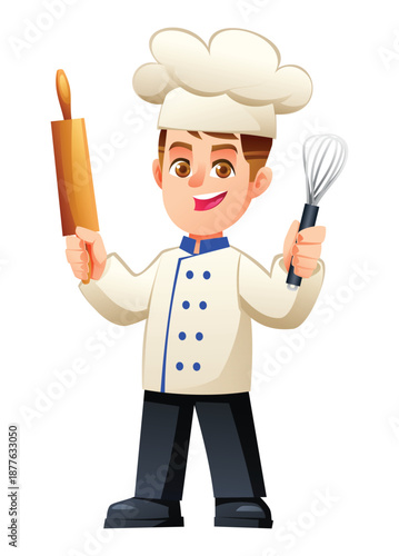 Happy boy chef holding a wooden rolling pin and a metal wire whisk in hands. Vector cartoon character illustration