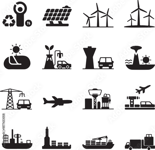 black and white icons of industrial and environmental concepts