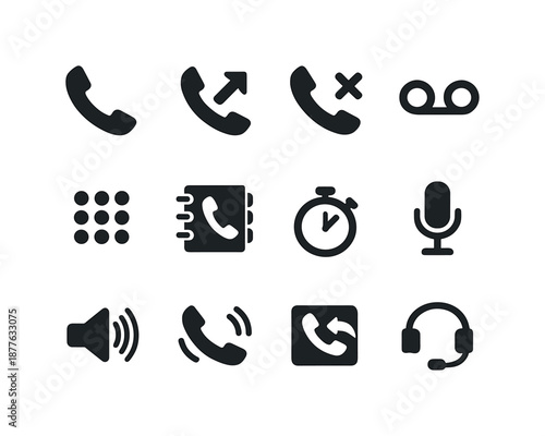 Black Phone Icon Set. Phone calls. Solid icon set of Phone calls: handset, call arrow, missed call X, voicemail icon, keypad, contact list, call timer,