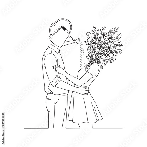 Surreal line art illustration of couple. Man with watering can head nurturing woman with flowers growing from neck. Vector concept of love, relationship growth, care and mental health support.
