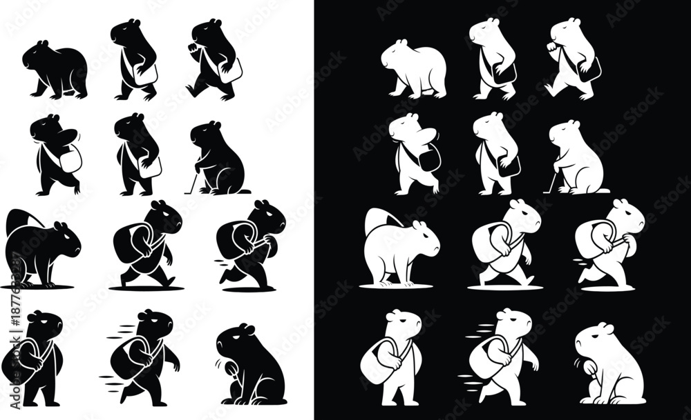 Fototapeta premium Capybara character set with various poses and accessories
