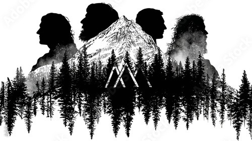 Silhouettes of faces merged with mountains and forest, graphic black and white art piece