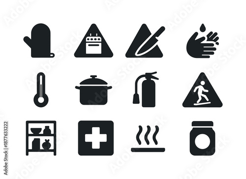 Kitchen Safety Icons. Kitchen safety. Solid icon set of kitchen safety: oven mitt, stove caution, sharp knife warning, clean hands icon, food safety