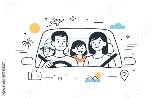 Family Road Trip. Family driving to holiday destination. A family sitting together in a car, smiling and looking forward to the trip. Calm travel excitement