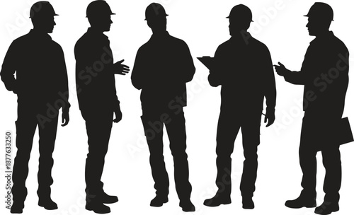 Silhouette construction workers in discussion, team collaboration, construction site, vector illustration