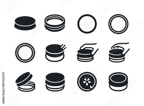 Mason Jar Lid Icons. Mason jar lid. Solid icon set of mason jar lid: metal lid, screw band, rubber seal, jar top view, threading ring, airtight symbol, lid