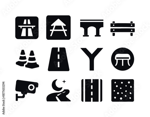 Motorway Icon Set. Motorway icons. Solid icon set of motorway icons: expressway icon, rest area sign, highway bridge, guard rail, road cones, car lane, route