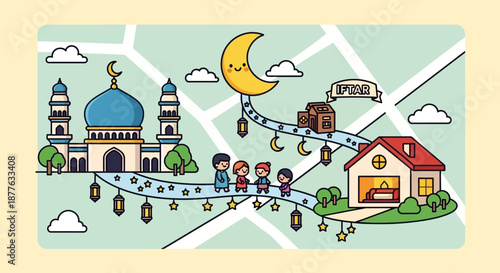Ramadan Iftar Celebration Vector Illustration: Cute Family Walking from Mosque to Home for Breaking Fast Dinner under Smiling Crescent Moon