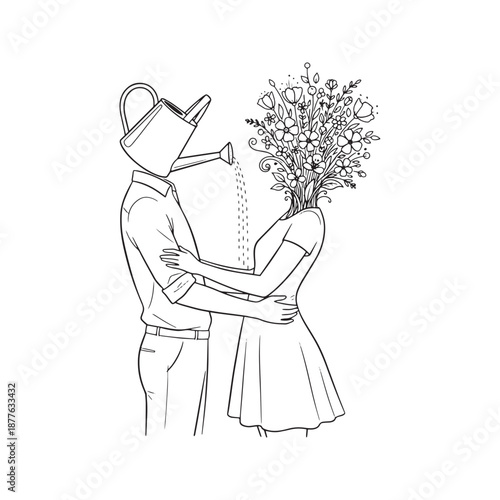 Surreal line art illustration of couple. Man with watering can head nurturing woman with flowers growing from neck. Vector concept of love, relationship growth, care and mental health support.
