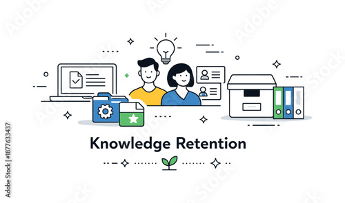 Expertise Preservation Design. Knowledge retention strategy. A company preserving expertise through saved files, profiles, and archive icons. Stability,