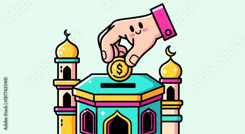 Islamic Charity Donation (Zakat/Sadaqah) into Mosque Box. Cute Cartoon Hand Giving Coin. Muslim Fundraising and Almsgiving Concept Vector Illustration.