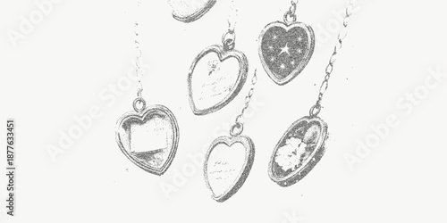 Heart-shaped medallions textured with granular grain and delicate dust overlays on aged paper. Faint distressed marks create vintage charm.