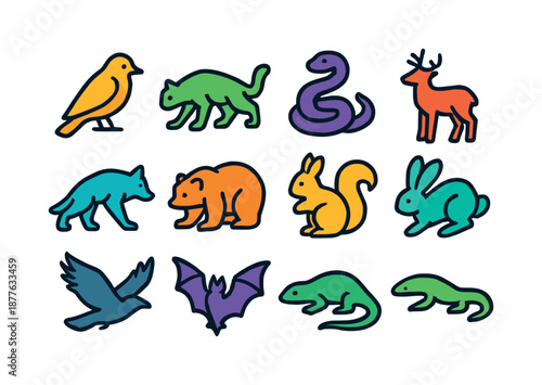 Wildlife Silhouette Grid. Wildlife silhouettes. Colorful isometric vector icons set of wildlife silhouettes: perched bird, stalking cat, coiled snake shape,