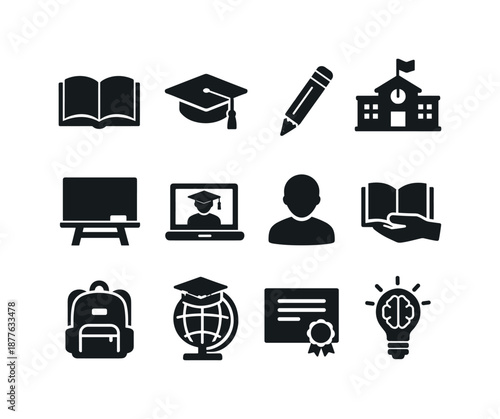 Education Icon Set. Education for poverty reduction. Solid icon set of education for poverty reduction: open book, graduation cap, pencil, school building,