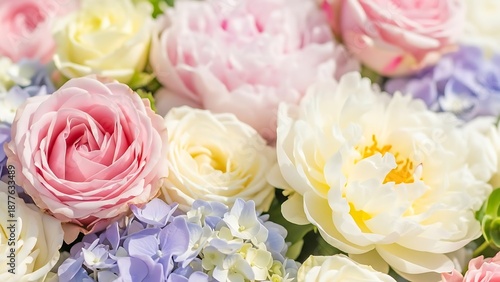 A delicate close up of pastel colored roses peonies and hydrangeas