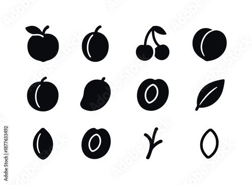 Stone Fruit Icons. Stone fruits. Solid icon set of stone fruits: peach, plum, cherry, apricot, nectarine, mango, whole pit icon, halved fruit, leaf accent,