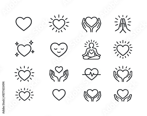 Grateful Heart Icon Collection. Grateful Heart. Line icon set of Grateful Heart: heart symbol, radiating heart, hands holding heart, gratitude gesture, heart