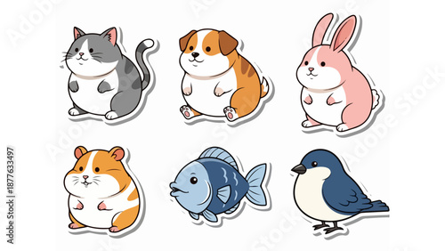 Set of 6 Cute Cartoon Pet Animal Stickers Vector Illustration