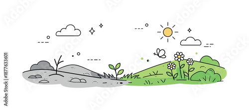 Gray to Green Transformation. Gray to green color transition. A simple landscape transforming from gray ground into green plants and grass. Gentle