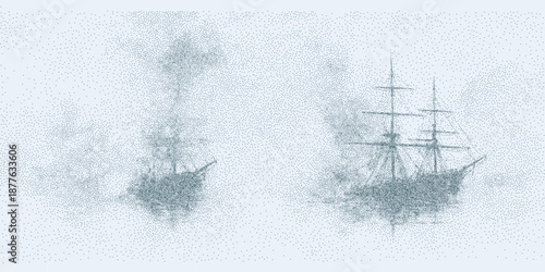 Background with a ship silhouette, fine grain texture, scattered dust speckles and light stains on aged paper with visible distress marks.