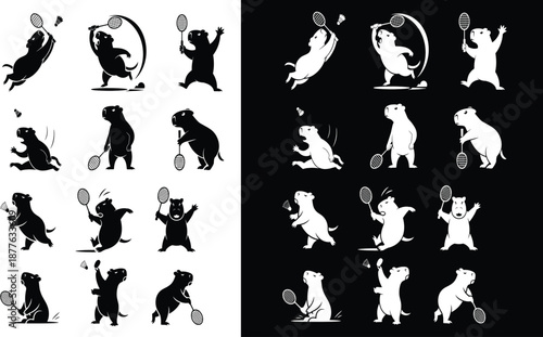 Capybara playing badminton silhouette set sport game