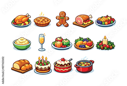 Holiday Feast Icons. Holiday feasts. Colorful isometric vector icons set of holiday feasts: roast turkey, festive pie, gingerbread cookie, holiday ham, mashed