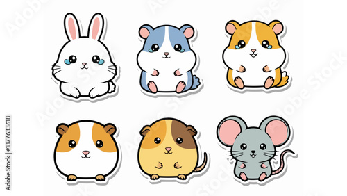 Set of 6 Cute Kawaii Pet Animal Stickers Vector Illustration