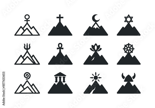 Mythical Icons Grid. Religious myths and their cultural importance. Icon set. Set Logo of Religious myths and their cultural importance: Mountain of gods: