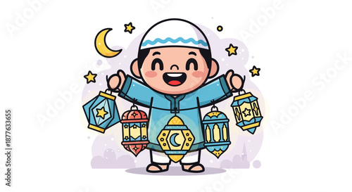 Happy Muslim Child Holding Colorful Fanoos Lanterns for Ramadan and Eid Mubarak. Cute Cartoon Vector Illustration.