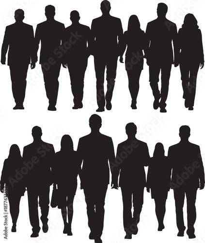 Silhouette business professionals walking, corporate teamwork, office lifestyle, vector illustration