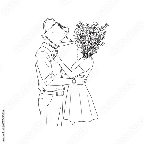 Surreal line art illustration of couple. Man with watering can head nurturing woman with flowers growing from neck. Vector concept of love, relationship growth, care and mental health support.
