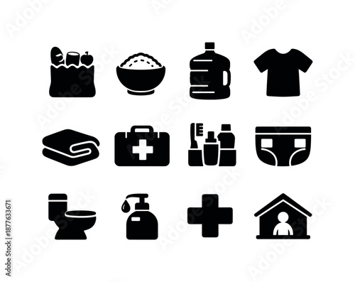 Essential Needs Icons. Essential needs support. Solid icon set of essential needs support: food bag, rice bowl, water jug, clothing icon, blanket, medicine