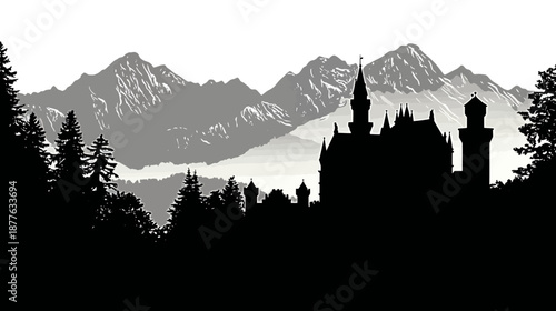 A grayscale silhouette of a castle, mountains, and trees. The image conveys a sense of depth