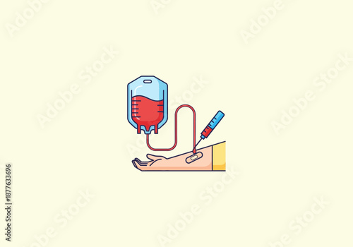 Vector Flat Concept Flat line art illustration of a blood donation, with a transfusion bag connected by a tube to a needle in a patients arm.