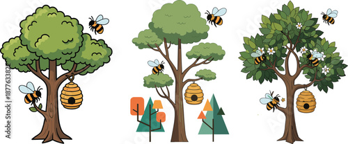 Beehive tree illustration with honey bees, flying insects, nature pollination, forest environment, spring flowers, eco concept, wildlife insect design