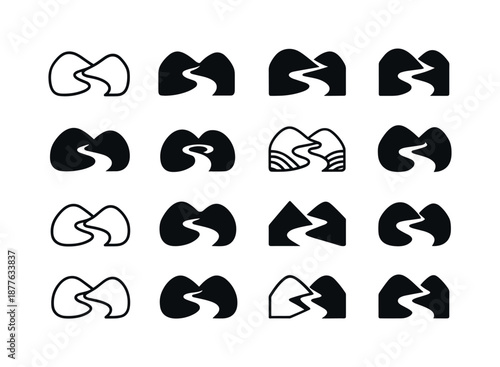 Lush Valley Icons. Lush Valley. Icon set. Set Logo of Lush Valley: winding valley path. harmonious logo variations of the same emblematic concept, each with