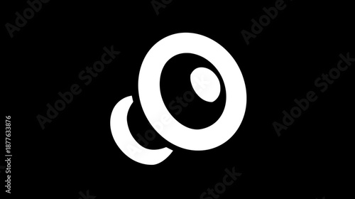 Minimalist abstract graphic of a stylized white eye or camera lens icon on a black background, symbolizing vision, focus, and observation.