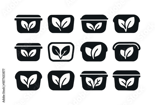 Healthy Meal Icons. Healthy meal prep culture. Icon set. Set Logo of Healthy meal prep culture: Prepped food container: Abstract geometric, Symmetrical form,
