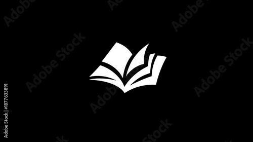 Minimalist white open book icon with pages turning on a black background, representing education, learning, knowledge, and reading.