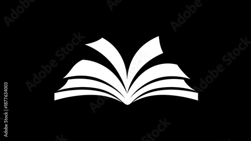 Open book icon, white silhouette with fanned pages on a black background. Symbol of reading, education, knowledge, and learning.