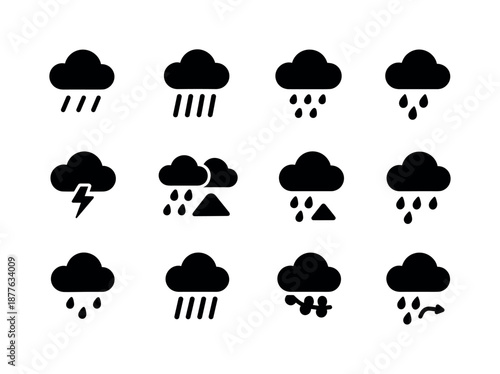 Rain Icon Set. Rain types. Solid icon set of rain types: light rain, heavy rain, drizzle icon, shower cloud, thunderstorm cloud, frontal rain, orographic rain,
