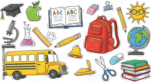 Collection of colorful hand drawn school supplies featuring a yellow bus backpack globe and graduation cap stickers