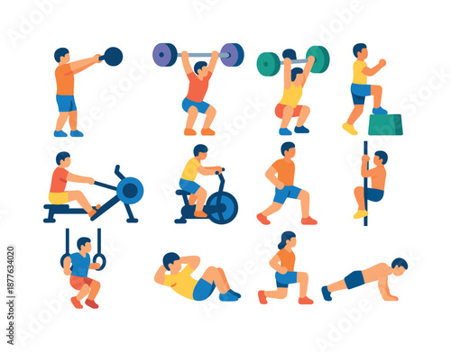 Cross-Training Icons Grid. Cross-Training Exercises. Colorful flat vector icons set of Cross-Training Exercises: kettlebell swing icon, clean & jerk icon,